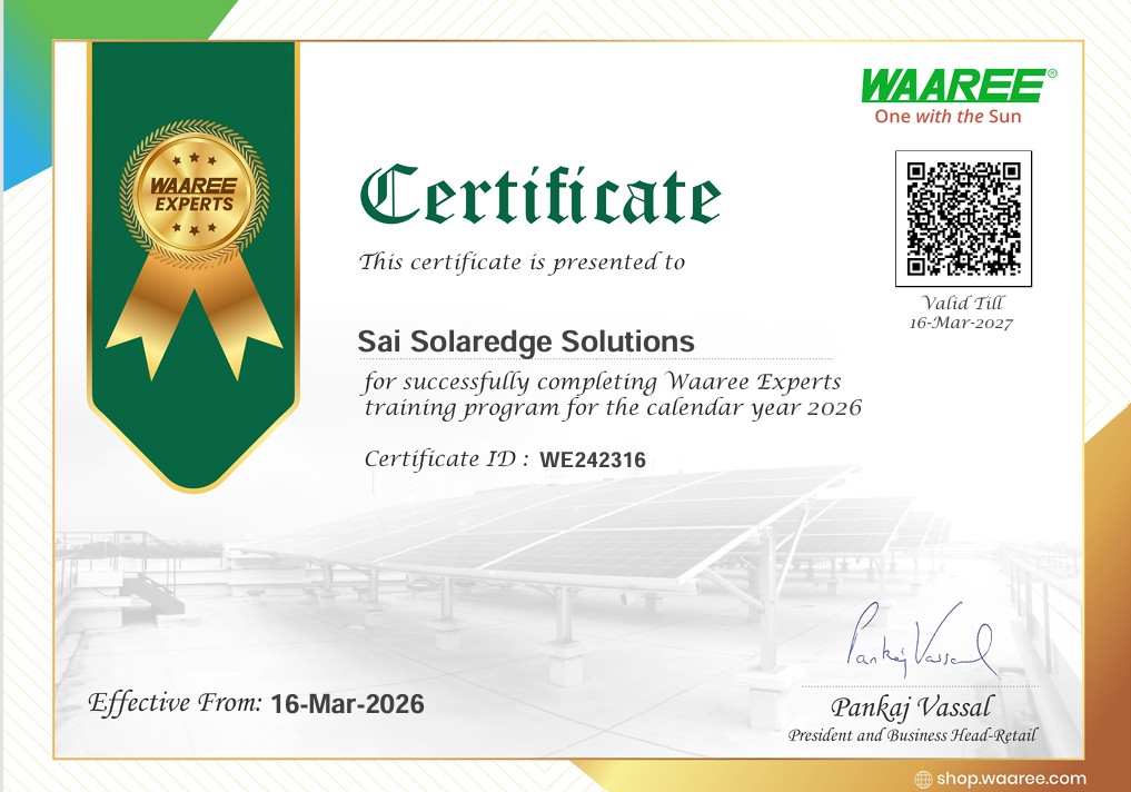 WAAREE training certificate for SAI SOLAREDGE SOLUTIONS